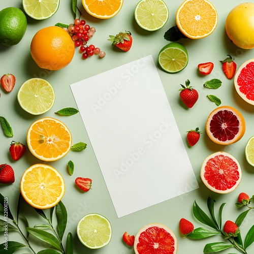 blank sheet of A4 paper on a green surface surrounded by juicy citrus fruits grapefruit  orange  lime  strawberry modern template to fill