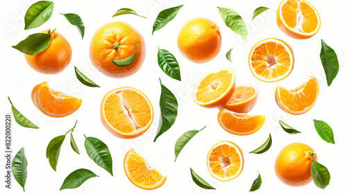Set of cut and whole oranges with green leaves flying