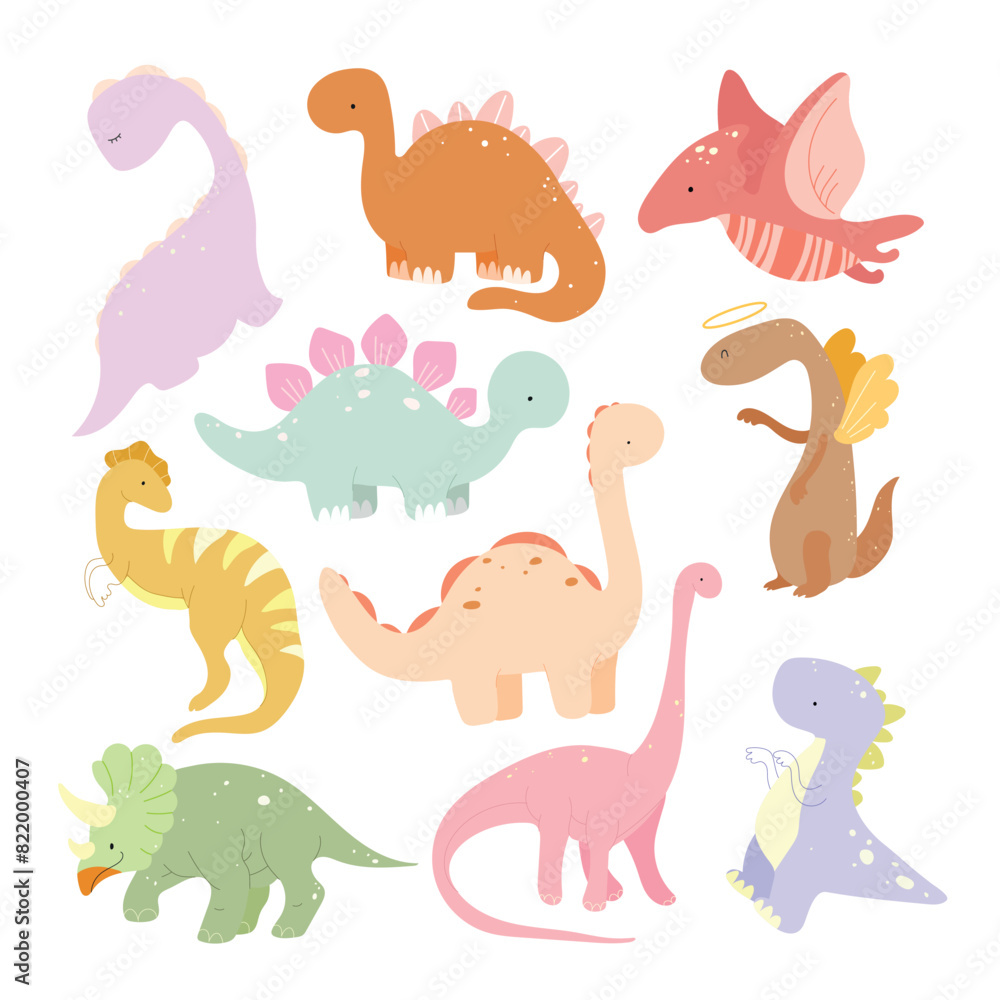 Obraz premium Set with cartoon colorful dino, ten cute dinosaurs in pastel colors. Vector illustration.
