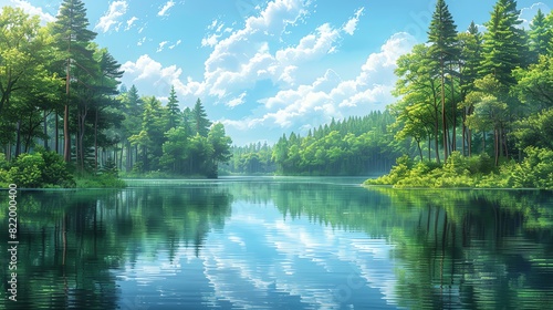 A beautiful lakeside landscape with green trees, blue water, and a clear blue sky with white clouds
