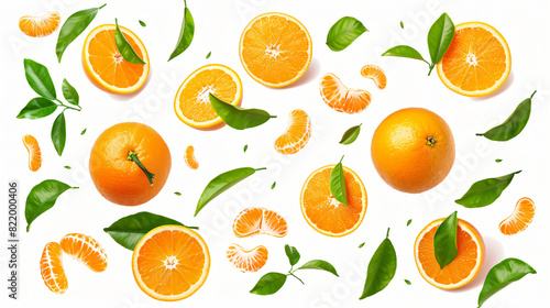 Set of cut and whole oranges with green leaves flying