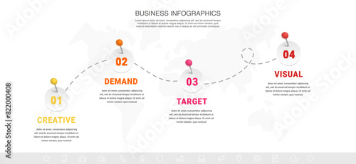 Business infographic timeline with 4 paths and circles. Modern timeline with four steps, options, and processes. Presentation infographics template