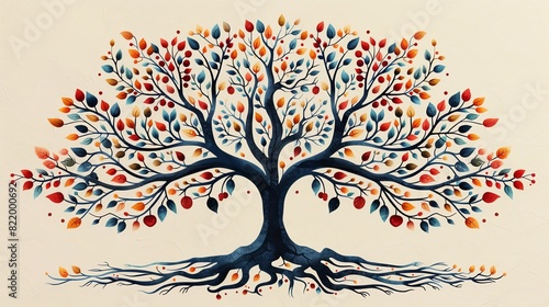 A beautiful watercolor painting of a tree with a strong trunk and branches reaching out in all directions