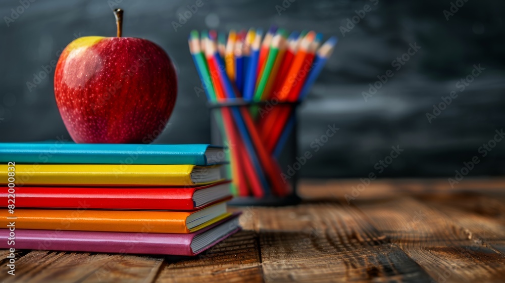 Stack of colorful books with a fresh red apple and a cup of pencils in front of a blackboard, representing education and back-to-school concept. Stack of colorful books with a fresh red apple and a cup of pencils in front of a blackboard, representing education and back-to-school concept.