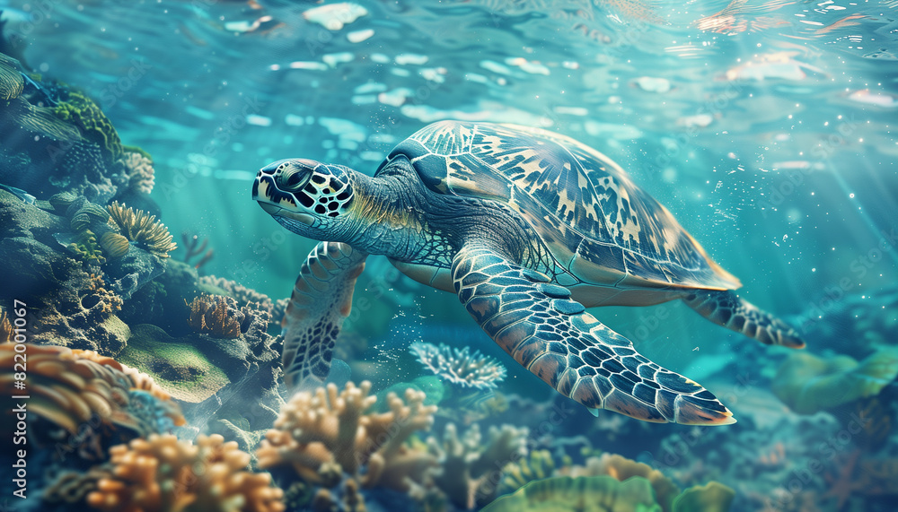 Fototapeta premium Green sea turtle swimming underwater - ai generative