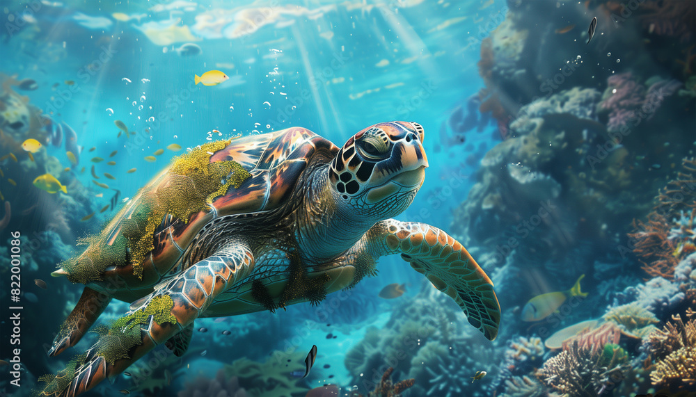 Obraz premium Green sea turtle swimming underwater - ai generative