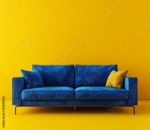 3d render of blue sofa on yellow background