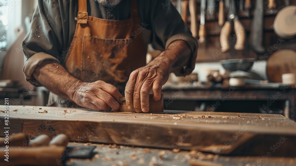 Carpenter Building a Wooden Table: In a woodworking shop, a carpenter carefully constructs a wooden table, using precision tools to ensure each joint fits perfectly Carpenter Building a Wooden Table: In a woodworking shop, a carpenter carefully constructs a wooden table, using precision tools to ensure each joint fits perfectly