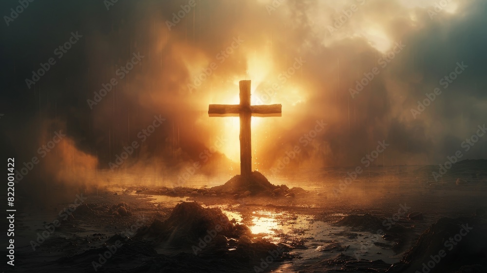 Fototapeta premium A wooden cross is standing in a field of yellow flowers