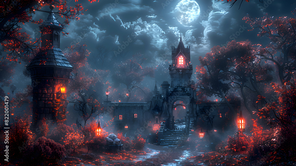 Naklejka premium A Halloween night scene with a vampire lurking in the shadows, illuminated by moonlight and surrounded by eerie decorations