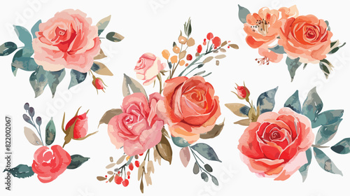Watercolour Floral Bouquets Scarlet Pink Roses Spring