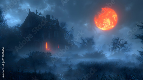 A Halloween night with a full moon illuminating a haunted house, surrounded by fog and eerie lighting © MistoGraphy