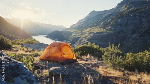 Camping hiking with tent. Mountains landscape. Nature illustration generated by AI