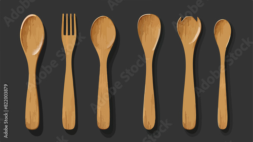 3d realistic wooden spoon and fork kitchen cutlery. background