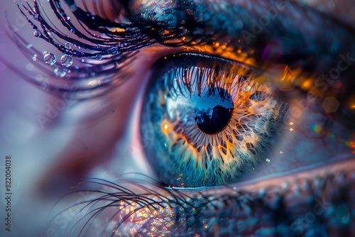 Macro portrait wallpaper of a human eye, capturing the intricate details of the iris with vibrant colors and patterns. Highlights eyelashes and reflections to showcase its mesmerizing beauty.