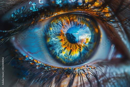 Macro portrait wallpaper of a human eye, capturing the intricate details of the iris with vibrant colors and patterns. Highlights eyelashes and reflections to showcase its mesmerizing beauty. © Dinusha