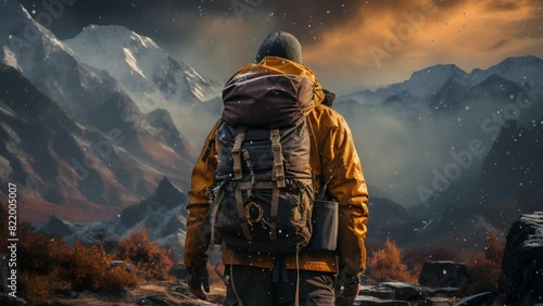 Hiker observing the mountains that are his goal in his journey through the extreme nature. Outdoor sports. 