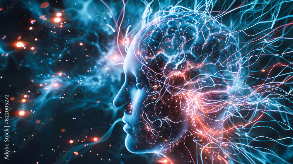 A human head with brain and neural connections. Artificial intelligence technology concept. A human head with brain and neural connections. Artificial intelligence technology concept.