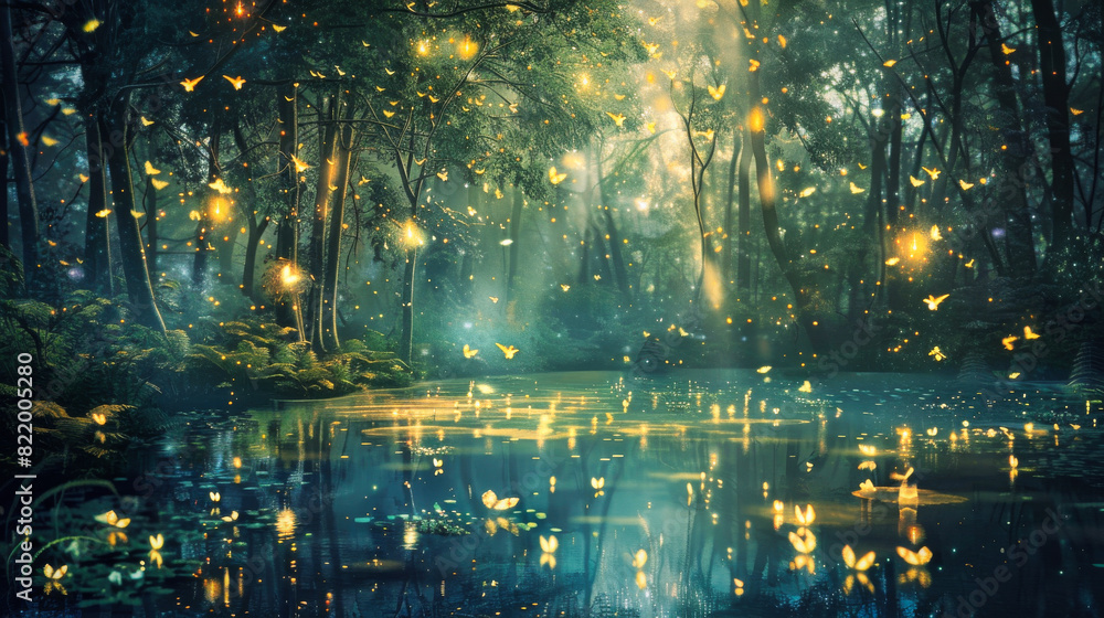 A magical fantasy forest with fireflies and glowing flowers