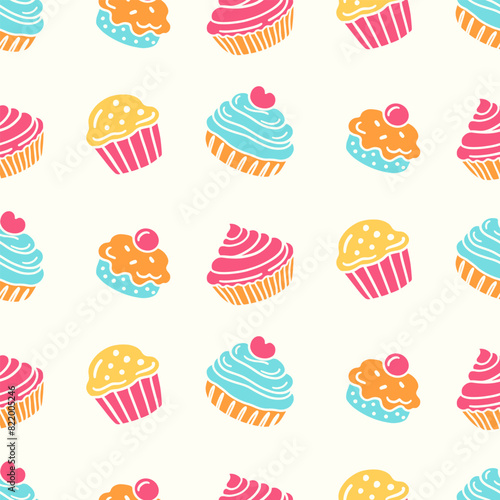 Bakery seamless pattern cupcake and muffin doodles
