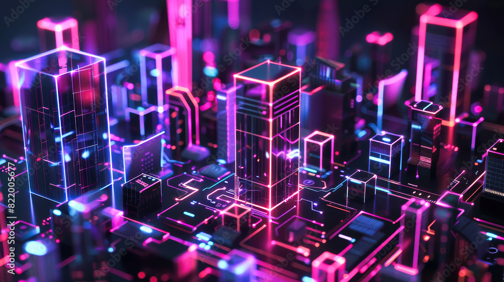 A digital cityscape with holographic elements and circuit patterns A digital cityscape with holographic elements and circuit patterns