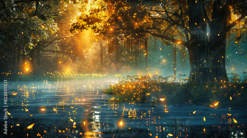 Fototapeta premium A magical fantasy forest with fireflies and glowing flowers
