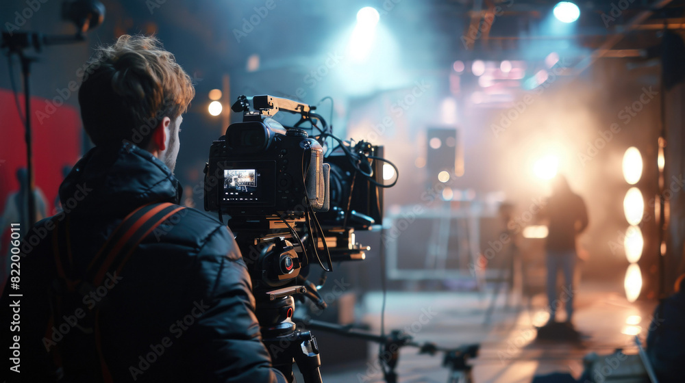 Professional cameraman - covering on event with a video, cameraman silhouette on live studio news Professional cameraman - covering on event with a video, cameraman silhouette on live studio news