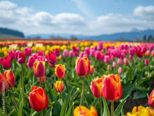 Breathtaking field of vibrant tulips in full bloom  captured in raw style photography.
