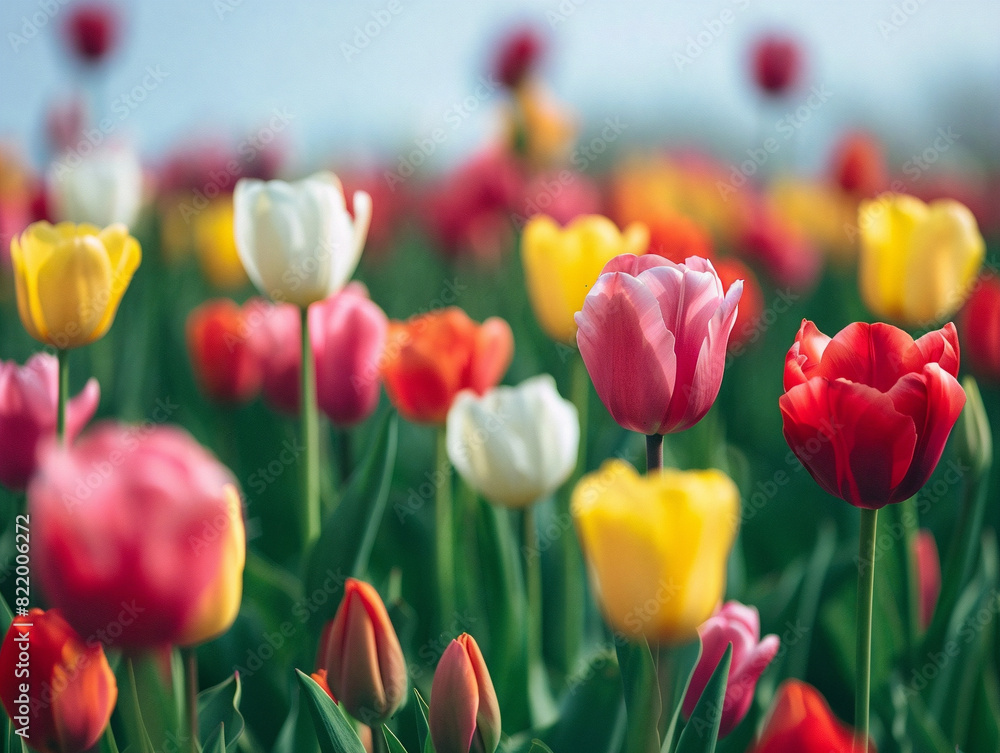 Breathtaking field of vibrant tulips in bloom, captured in raw style with rich colors.