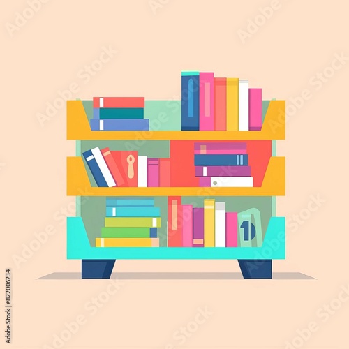 Colorful bookshelf filled with various books on a pastel background, perfect for educational and creative projects.
