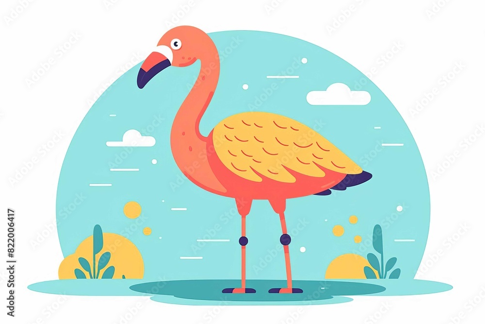 Obraz premium Colorful illustration of a pink flamingo standing with a scenic background, including clouds and plants.