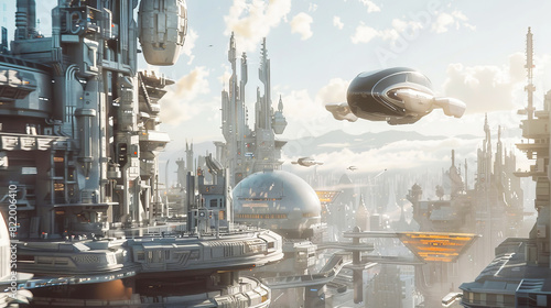 A futuristic cityscape with flying vehicles and skyscrapers
