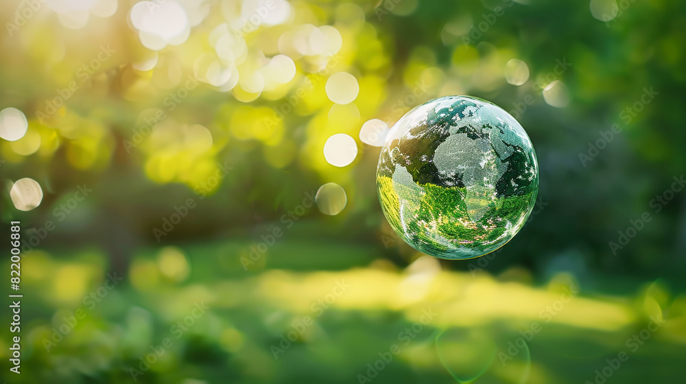 Spherical glass Earth globe with a green forest background Spherical glass Earth globe with a green forest background