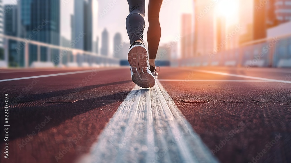 Obraz premium Start Competition Concept Low Section of Businessman Steps into Start Line on Running Track and Moving Forward to New Challenge Blurred City Building as background : Generative AI