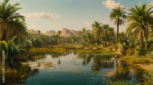Peaceful landscape of a lush oasis with palm trees reflecting in the water against a backdrop of mountains and clear skies.