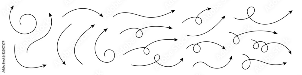 Collection of curved arrows. Set simple curved hand drawn arrows. Collection of pointers. Collection of curved arrows. Set simple curved hand drawn arrows. Collection of pointers.