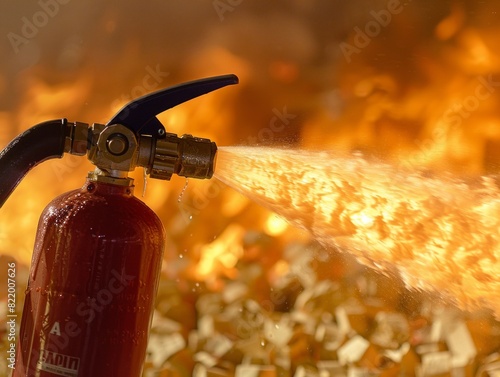 A fire extinguisher discharges foam towards an intense blaze, attempting to control the rapidly spreading flames amid a chaotic background photo