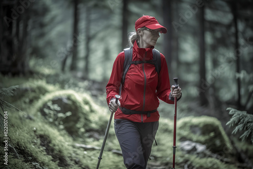 A woman wearing a red jacket and a red hat is walking through a forest. She is carrying a backpack and two poles