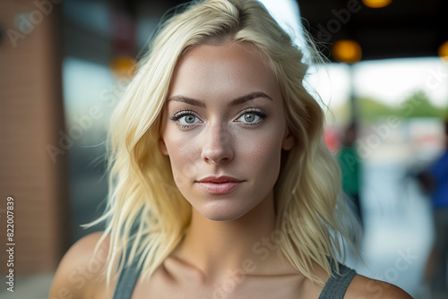 A blonde woman with blue eyes and a light brown nose. She is wearing a gray tank top © larrui