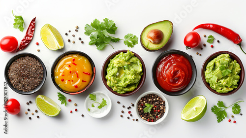 Set of guacamole and different sauces on white background