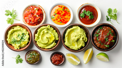 Set of guacamole and different sauces on white background