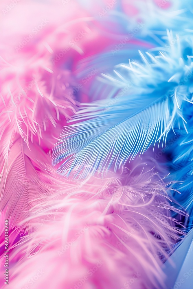 Fototapeta premium Close up photography of vibrant pink and blue feathers, showcasing captivating details