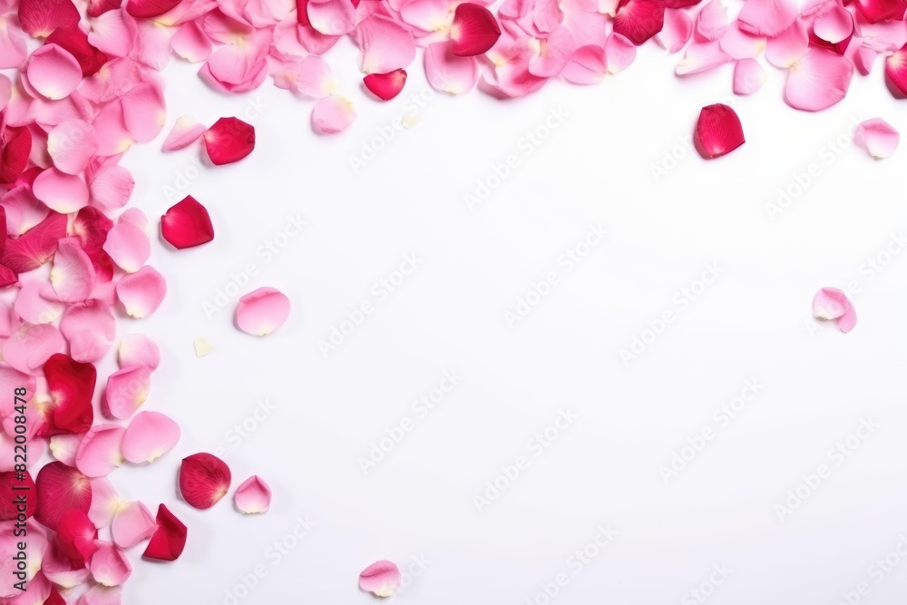 Delicate pink and red rose petals scattered across a clean white background.