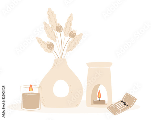 Aromatherapy and relaxation as interior decor in flat style