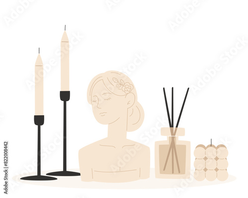 Aromatherapy and relaxation as interior decor in flat style