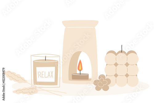 Aromatherapy and relaxation as interior decor in flat style