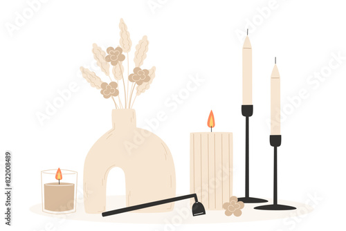 Aromatherapy and relaxation as interior decor in flat style