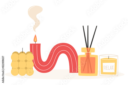 Aromatherapy and relaxation as interior decor in flat style