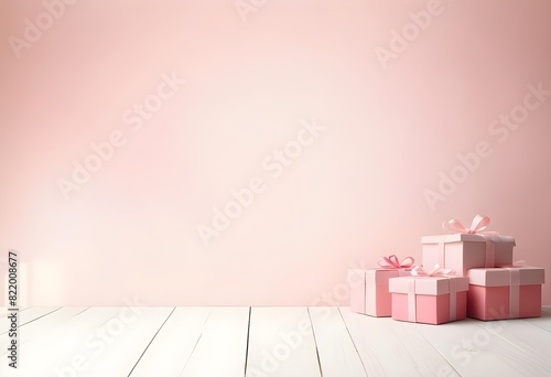 Różowe pudrowe pudełka prezentowe z różową wstążką w stylu lalki na drewnianej podłodze. Na różne okazje