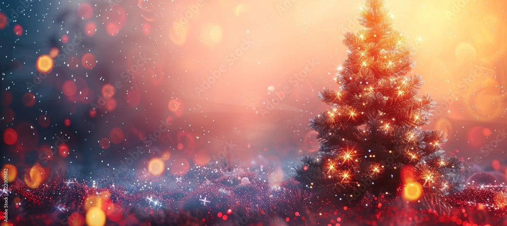 Festive christmas tree and sparkling lights on red background for merry christmas card Festive christmas tree and sparkling lights on red background for merry christmas card